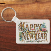 Gelukkig nieuwjaar in boomstammen, eikels en bloem sleutelhanger (Achterkant)