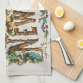 Gelukkig nieuwjaar in boomstammen, eikels en bloem theedoek (Quarter Fold)