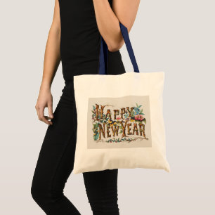 Gelukkig Nieuwjaar in Boomstammen, Eikels en Bloem Tote Bag