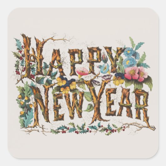 Gelukkig nieuwjaar in boomstammen, eikels en bloem vierkante sticker (Voorkant)