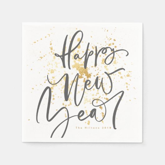 Gelukkig Nieuwjaar in grijze handgeschreven tekst Servet (Voorkant)