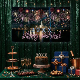 Gelukkig Nieuwjaar Jaar Vuurwerk Stad Silhouet Spandoek