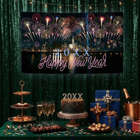 Gelukkig Nieuwjaar Jaar Vuurwerk Stad Silhouet Spandoek