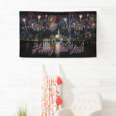 Gelukkig Nieuwjaar Jaar Vuurwerk Stad Silhouet Spandoek (Insitu)
