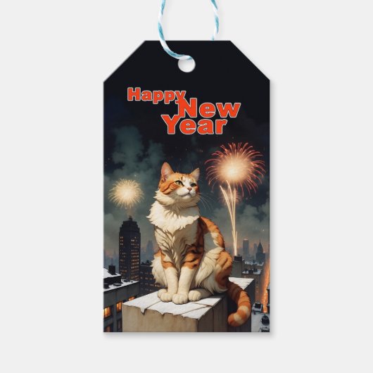 Gelukkig Nieuwjaar Kat Cadeaulabel (Voorkant)