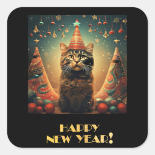 Gelukkig Nieuwjaar, Kat Design, Vierkante Sticker