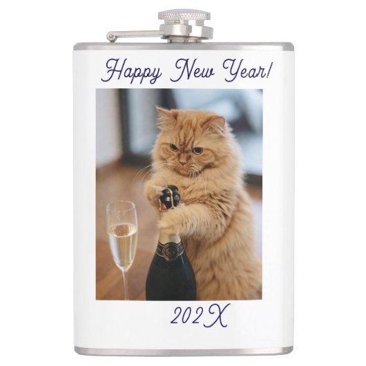 Gelukkig Nieuwjaar Kat Foto Aangepast Heupfles (Voorkant)