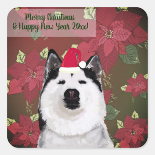 Gelukkig Nieuwjaar, Kerst sticker, Husky, Flowers Vierkante Sticker