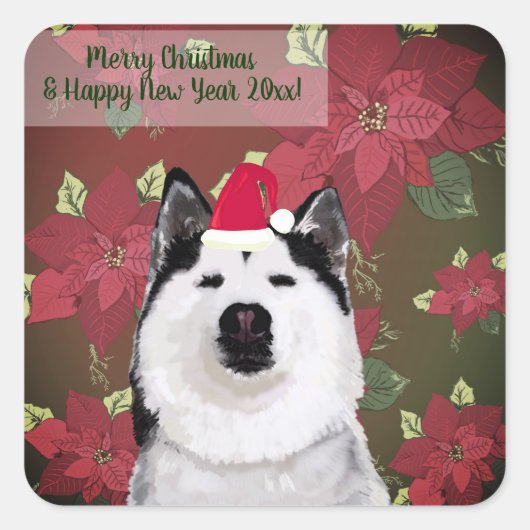 Gelukkig Nieuwjaar, Kerst sticker, Husky, Flowers Vierkante Sticker (Voorkant)