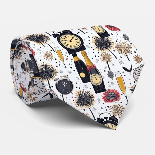 Gelukkig nieuwjaar klokken en champagne stropdas (Opgerold)