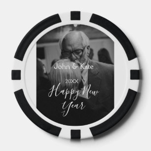 Gelukkig nieuwjaar koppel foto naam jaar zwart wit poker chips