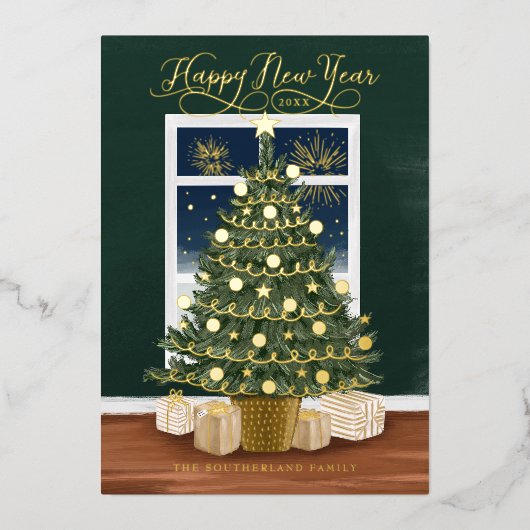 Gelukkig Nieuwjaar Magische Vuurwerk Kerstboom Folie Feestdagenkaart (Voorkant)