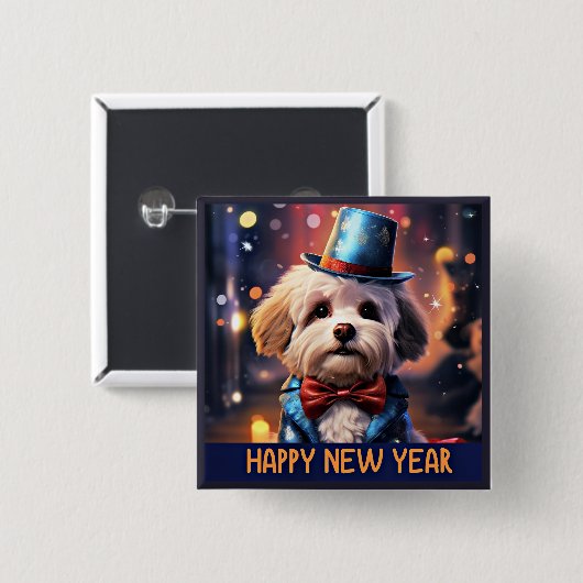 Gelukkig Nieuwjaar, Maltese Speelgoed poedel, Vierkante Button 5,1 Cm (Voorkant /achterkant)