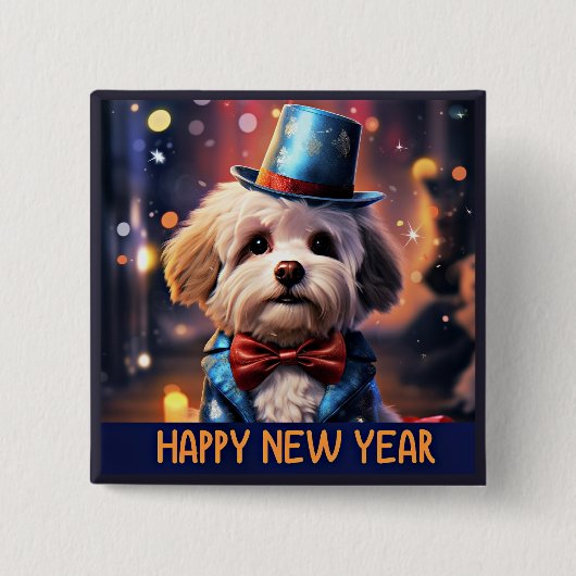 Gelukkig Nieuwjaar, Maltese Speelgoed poedel, Vierkante Button 5,1 Cm (Voorkant)