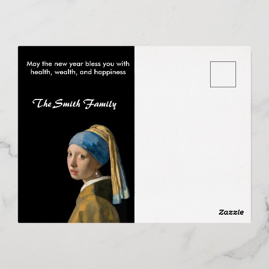 Gelukkig Nieuwjaar met Johannes Vermeer Patchwork Folie Feestdagen Briefkaart (Achterkant)