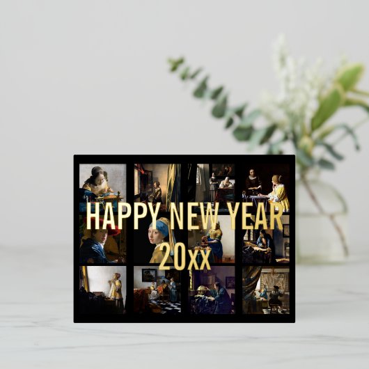 Gelukkig Nieuwjaar met Johannes Vermeer Patchwork Folie Feestdagen Briefkaart (Staand Voorkant)