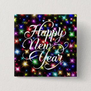 Gelukkig Nieuwjaar met Vuurwerk Achtergrond-23756 Vierkante Button 5,1 Cm