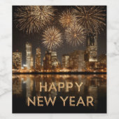 "Gelukkig Nieuwjaar" met vuurwerk boven een stad Wijn Etiket (Enkel label)