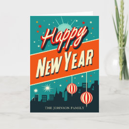 Gelukkig nieuwjaar mid-century modern feestdagen kaart