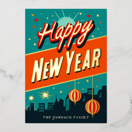 Gelukkig nieuwjaar mid-century modern folie feestdagenkaart
