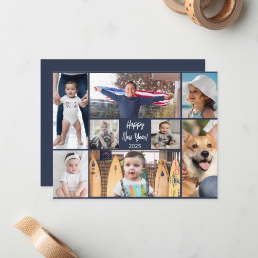 Gelukkig Nieuwjaar Modern Donkerblauw 8 Foto Notitiekaartje (Voorkant / Achterkant in situ)