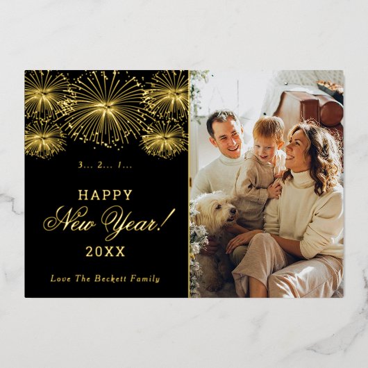 Gelukkig nieuwjaar! Modern Fireworks Photo Real Folie Feestdagenkaart (Voorkant)