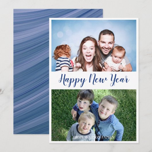 Gelukkig Nieuwjaar Modern Script 2 Foto / Blauw Feestdagenkaart (Voorkant / Achterkant)
