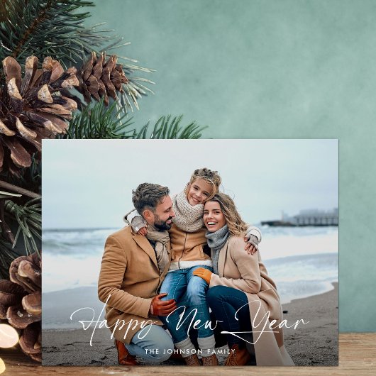 Gelukkig Nieuwjaar Modern Script Foto Feestdagenkaart