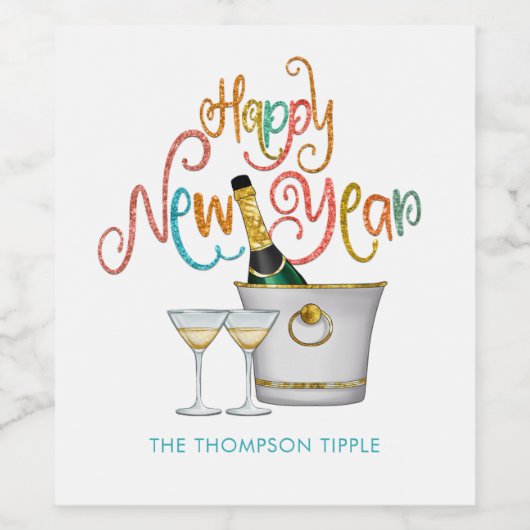 Gelukkig Nieuwjaar Naam Multicolour Tekst Moussere Wijn Etiket (Enkel label)