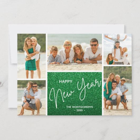 Gelukkig Nieuwjaar op groene multi foto Feestdagenkaart (Voorkant)