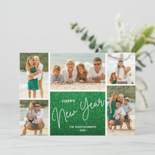 Gelukkig Nieuwjaar op groene multi foto Feestdagenkaart (Staand voorkant)