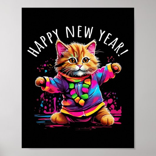 Gelukkig Nieuwjaar Party Dancing Cat Design Poster (Voorkant)