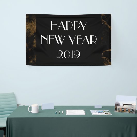 Gelukkig Nieuwjaar Party Goud Zwart Marmer Spandoek (Beurs)