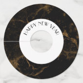 Gelukkig Nieuwjaar Party Goud Zwart Marmer Wijnglaslabel (Voorkant)