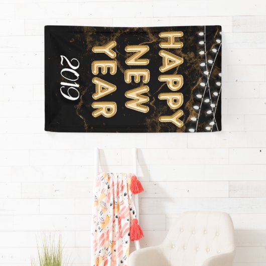 Gelukkig Nieuwjaar Party Gouden Zwarte Ballonlicht Spandoek (Insitu)
