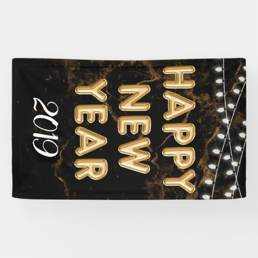 Gelukkig Nieuwjaar Party Gouden Zwarte Ballonlicht Spandoek (Horizontaal)