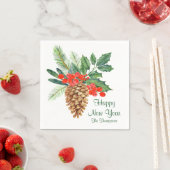 Gelukkig Nieuwjaar Pine Holly Waterverf Bloemennaa Servet (Insitu)