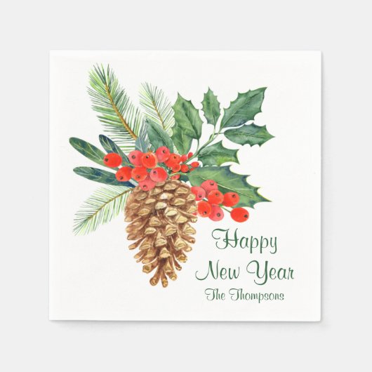 Gelukkig Nieuwjaar Pine Holly Waterverf Bloemennaa Servet (Voorkant)