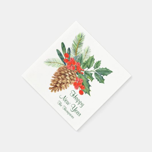 Gelukkig Nieuwjaar Pine Holly Waterverf Bloemennaa Servet (Hoek)