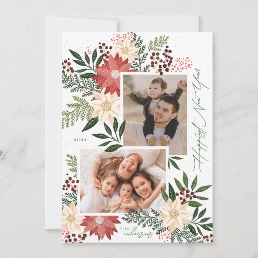 Gelukkig Nieuwjaar Poinsettia Collage Foto Feestdagenkaart (Voorkant)