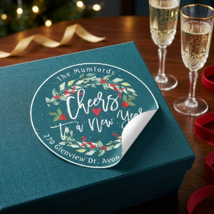 Gelukkig Nieuwjaar Prettig Kerstmis Bloemig Adres Ronde Sticker