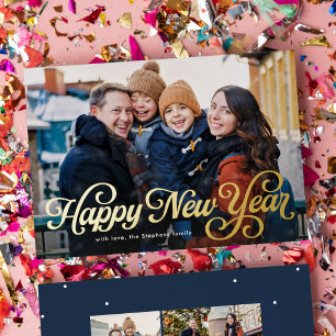 Gelukkig Nieuwjaar retro schrift vier foto Folie Feestdagenkaart