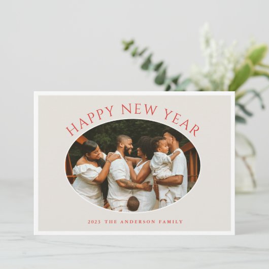 Gelukkig Nieuwjaar Rode Cameo Foto Vakantiekaart Feestdagenkaart (Staand voorkant)