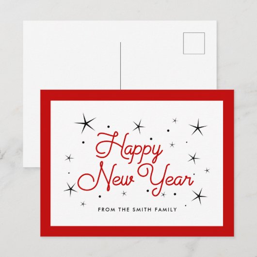 Gelukkig nieuwjaar rood en wit briefkaart (Voorkant / Achterkant)