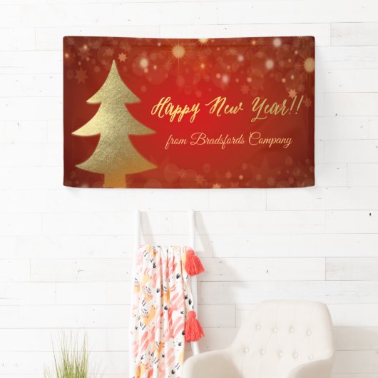 Gelukkig nieuwjaar, rood, gouden kerstboom spandoek (Insitu)