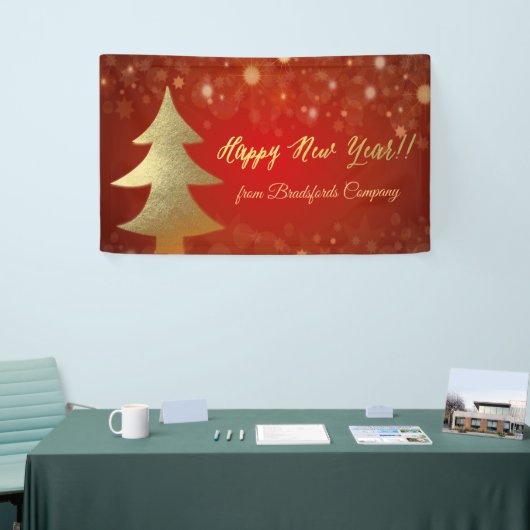 Gelukkig nieuwjaar, rood, gouden kerstboom spandoek (Beurs)