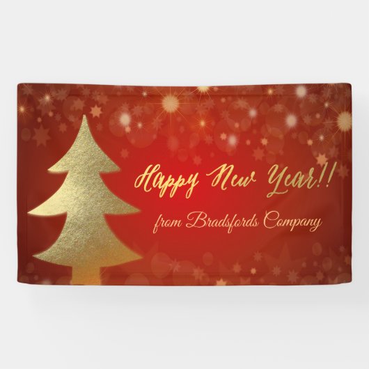 Gelukkig nieuwjaar, rood, gouden kerstboom spandoek (Horizontaal)
