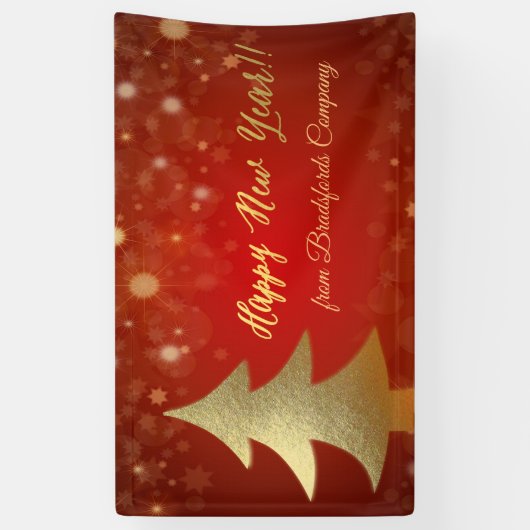 Gelukkig nieuwjaar, rood, gouden kerstboom spandoek (Verticaal)