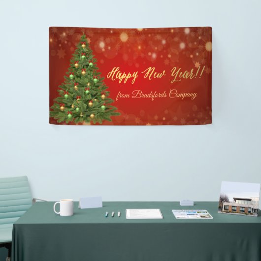 Gelukkig nieuwjaar, rood, kerstboom spandoek (Beurs)