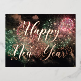 Gelukkig Nieuwjaar Roos Gouden Typografie Vuurwerk Folie Feestdagen Briefkaart